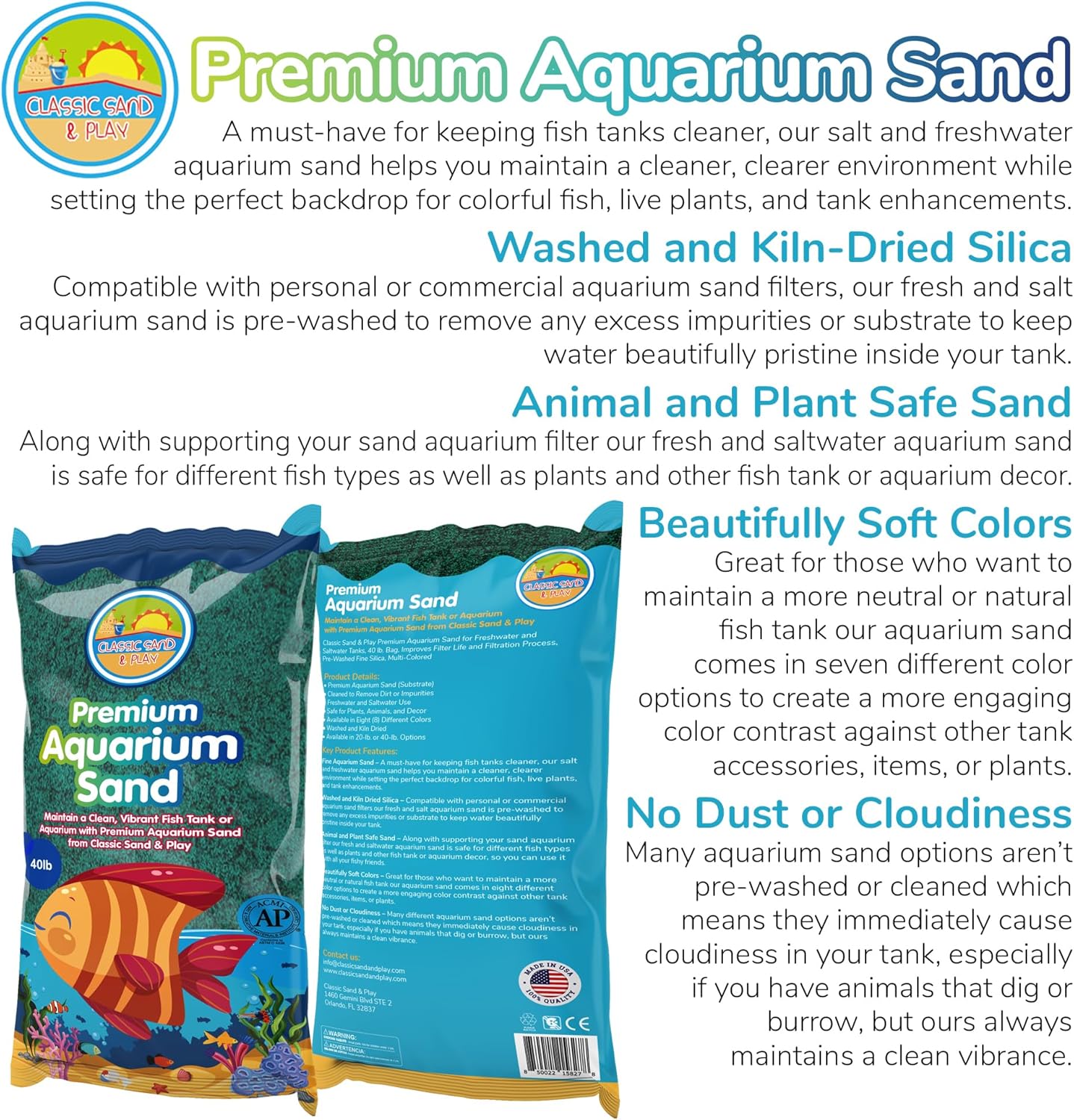 CLASSIC SAND & PLAY Natural Aquarium Sand for Freshwater and Saltwater Tanks, 40 lb. Bag, Improves Filter Life and Filtration Process, Pre-Washed Fine Sand, Green