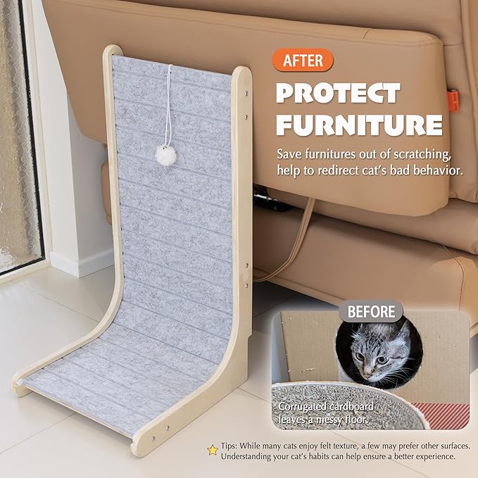 PETKARAY Felt Cat Scratcher, Vertical Cat Scratching Carpet, Scratch Resistant Couch Felt Scratcher, Slot-Free Scratch Pad with Toy Ball, Dark Grey