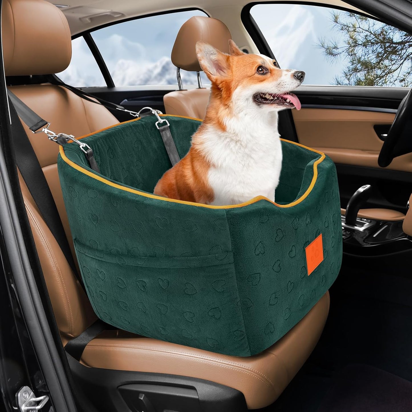 Dog Car Seat for Small Dogs, Memory Foam Booster Dog Seat for Dogs up to 35 lbs, Elevated Pet Car Seat, Travel Safety Pet Seat with Washable Removable Cover, Storage Pockets (Green)