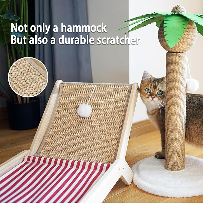 PETKARAY Beach Chair Cat Hammock, Elevated Cat Beds for Indoor Cats, Original Cozy Lounger with Sisal Scratcher and Toy Ball