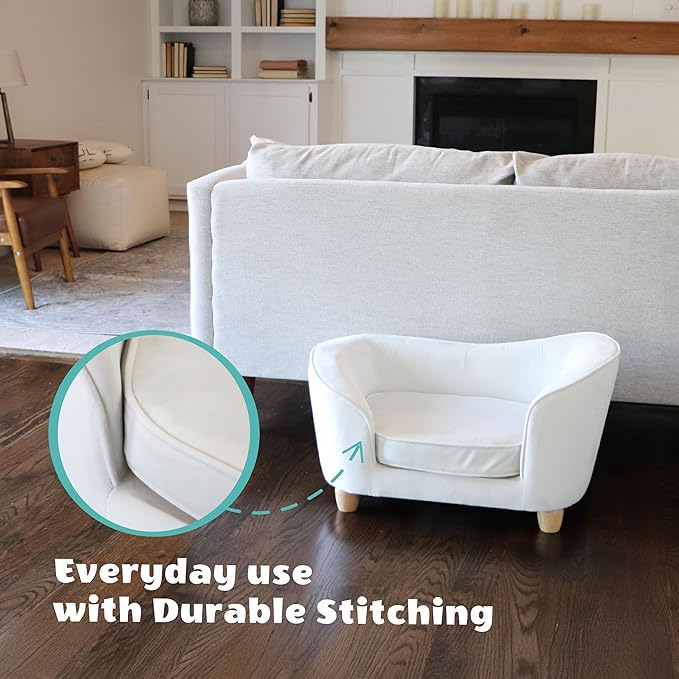 Critter Sitters 28-In. Faux-Velvet White Oval Dog Bed for Small Dogs and Cats, Modern and Comfortable Pet Sofa, Easy to Clean