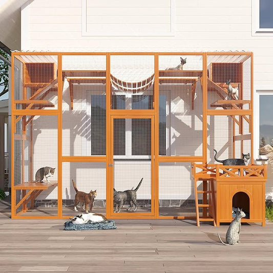 Merax 118 Inch Wooden Catio Outdoor Cat Enclosure,Large Luxury Kitty-House with 6 Jumping Platforms, 2 Bridges & Transparent PVC Roof, Kitty Kennel Condo Shelters and a Napping House, Natural