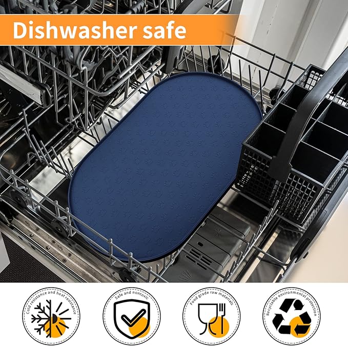 KPWACD Pet Feeding Mat for Dogs and Cats, Silicone Dog Placemat Non-Slip Waterproof Bowl Mats Prevent Food and Water Overflow, High-Lips Puppy Dish Tray Mat Suitable for Large Medium Small Pets, Navy