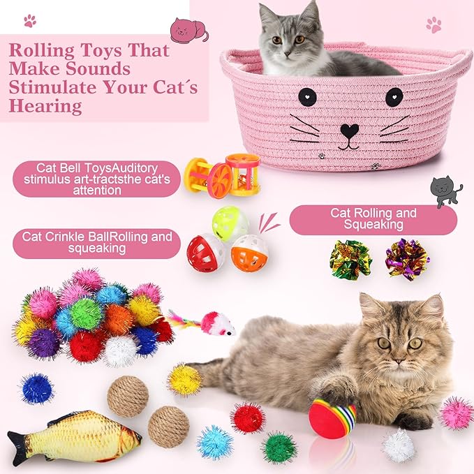 Zopeal 58 Pcs Cat Storage Basket Gift Toys Set, Colorful Flashing Balls Pet Bell Crinkle Balls Spring Toys Attract Cat to Swat, Bite, Hunt, Interactive for Pet(Pink,9.8 Inch)