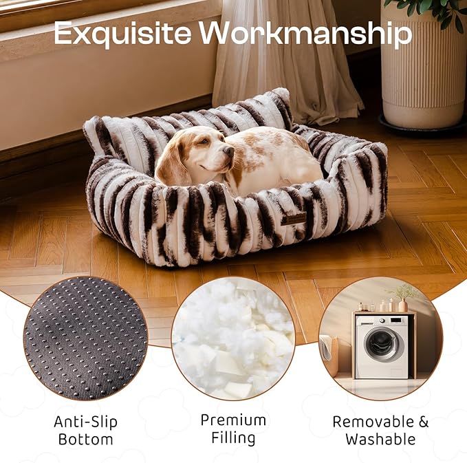 MEWOOFUN Cat Beds for Indoor Cats, Fluffy Cat Couch with Removable Washable Cover, Supportive Small Dog Beds for Puppy & Kitten up to 15 lbs (Brown Gradient, 24x19x12)