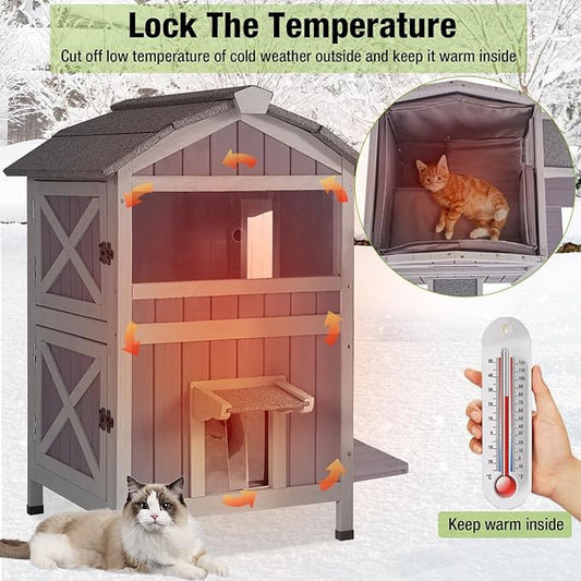 Cat House for Outdoor Cats with Insulated Liner for Winter Waterproof Feral Kitty Shelter,2 Layer