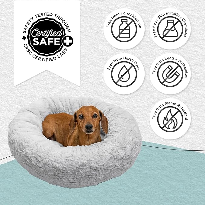 Best Friends by Sheri Original Calming Donut Dog and Cat Bed, Lux Faux Fur, Gray, (23in x 23in) - Anxiety Relief for Pets Up to 25 lbs
