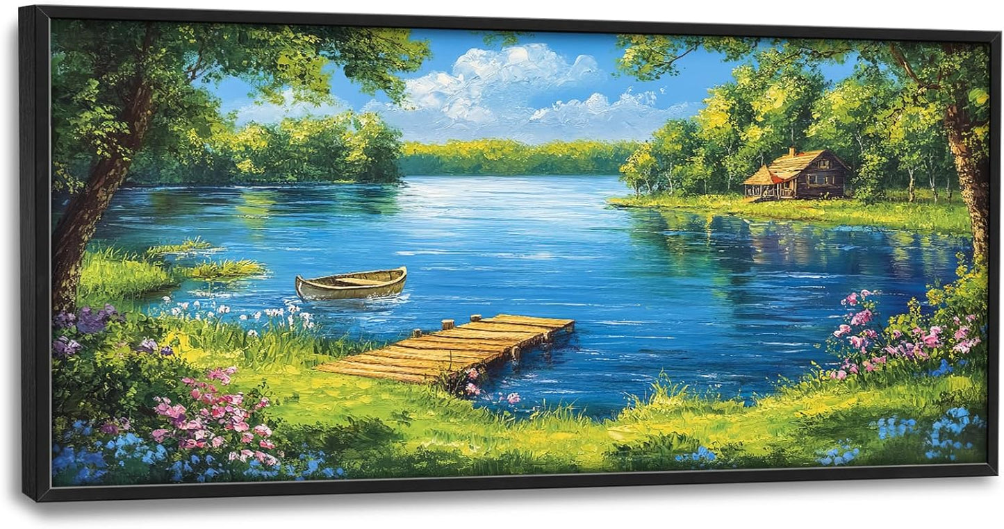 Large Lake Cabin Wall Art for Living Room, Framed Oversized Tree Boat Wildflowers Wall Decor Nature Landscape Canvas Painting Modern Artwork for Bathroom Bedroom Office Dining Room 60"x30"