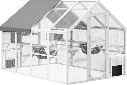 PawHut Large Catio Outdoor Cat Enclosure for Multiple Kittens, Wooden Cat House with Waterproof Cover, Walk in Kitty Cage Kennel with 2 Condos, 6 Platforms, Bridge, Doors, 110" x 73" x 74", White