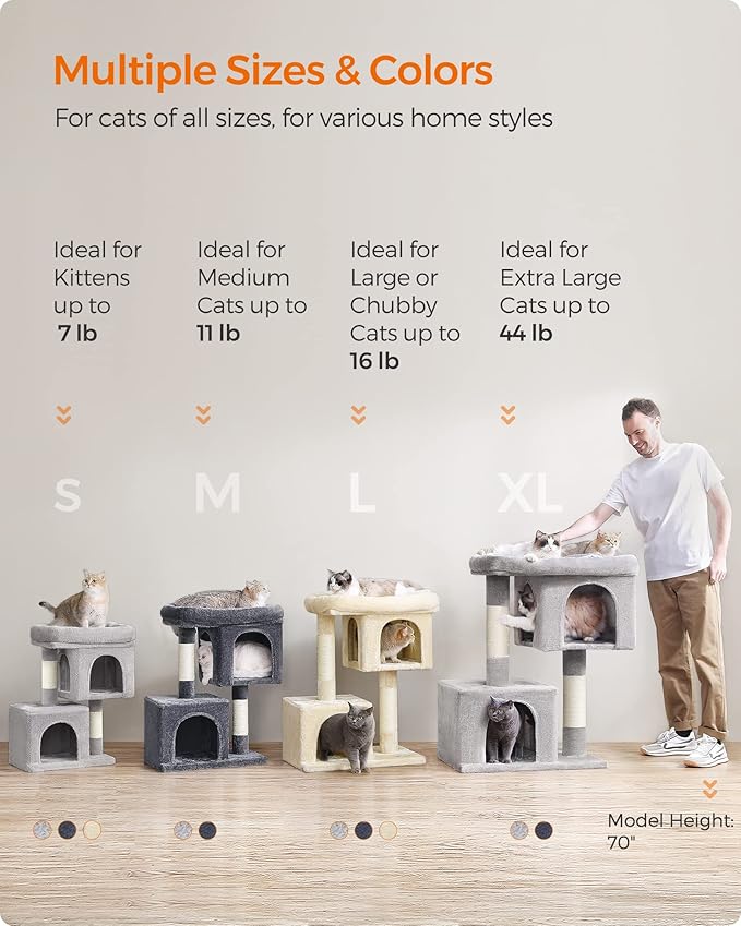 Feandrea Cat Tree, 26.4-Inch Cat Tower, S, Cat Condo for Kittens up to 7 lb, Large Cat Perch, 2 Cat Caves, Scratching Post, Smoky Gray UPCT611G01