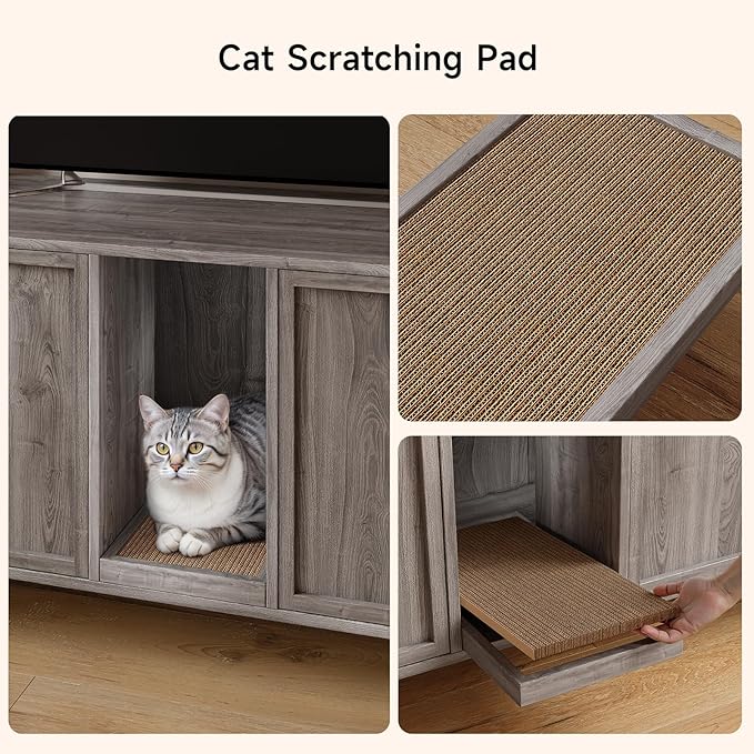 59 Inches Cat Litter Box Enclosure for 2 Cats, Hidden Litter Boxes Furniture with Cat Scratch Pad, Large Indoor Pet House with Double Room, Wooden TV Stand Side Table, Grey