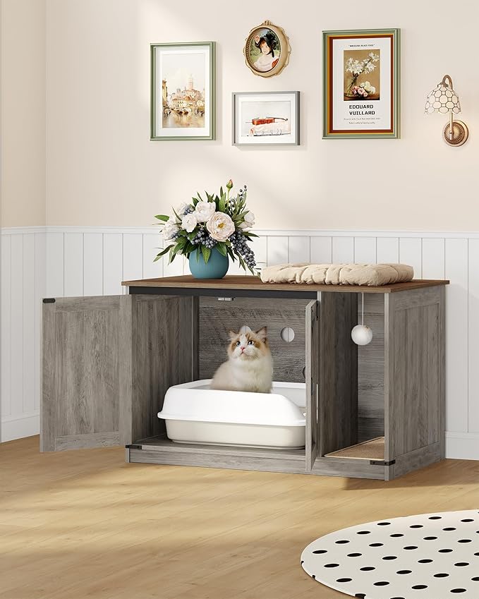 Cat Litter Box Enclosure, Hidden Litter Box Cabinet Furniture with Bell, Indoor Cat House, Farmhouse Style, 39.4 x 21.7X 24.8 Inches, for Hallway, Bedroom, Greige CB85205X
