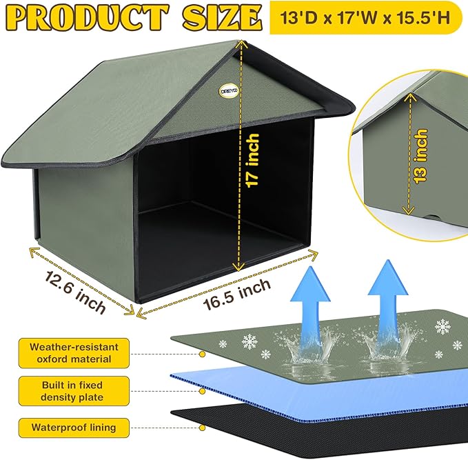 Dreyoo Cat Houses & Condos Outdoor Cat Feeding Station for Food & Water, Weatherproof Outdoor Kitty Dining Room Cats Shelter for Stray, Feral and Community Cats, 13”d x 17”w x 15.5'h(Dark Green)