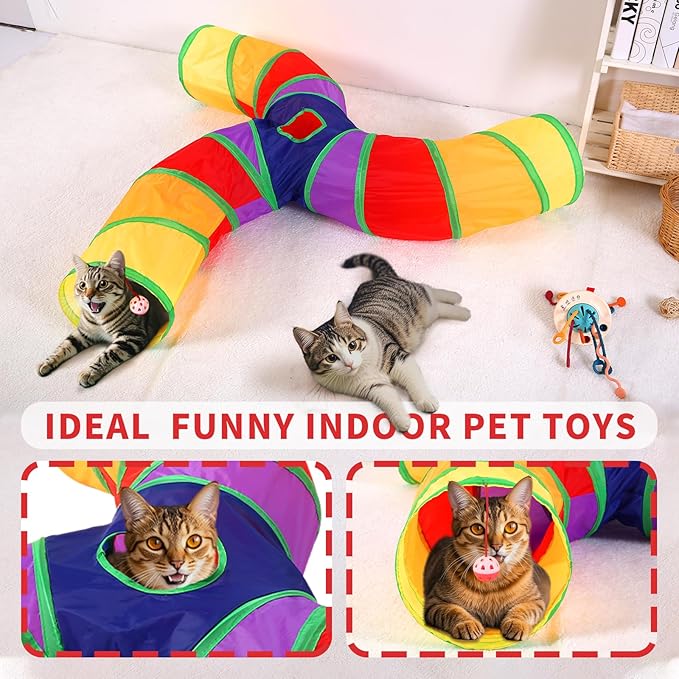 ‌Coolcandy Cat Tunnel & Interactive Cat Toy Indoor, Curved 3 Way Tunnel Toys for Indoor Cats, Collapsible Interactive Peekaboo Cave with Play Ball, for Multi-Way Play & Small Animals