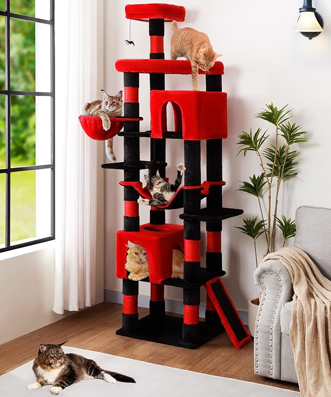 AMHANCIBLE Large Gothic Cat Tree, 83 Inch Tall Tower for Indoor Adult Cats, with Scratching Post and Board, Hammock, Condos, Hanging Basket, Activity Center to Play and Sleep, Black Red, PT21RD