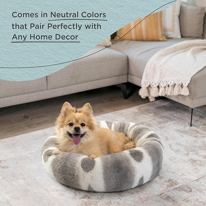 Best Friends by Sheri Patterned Lux Faux Fur Calming Donut Dog Bed, Gray, Small, 23x23