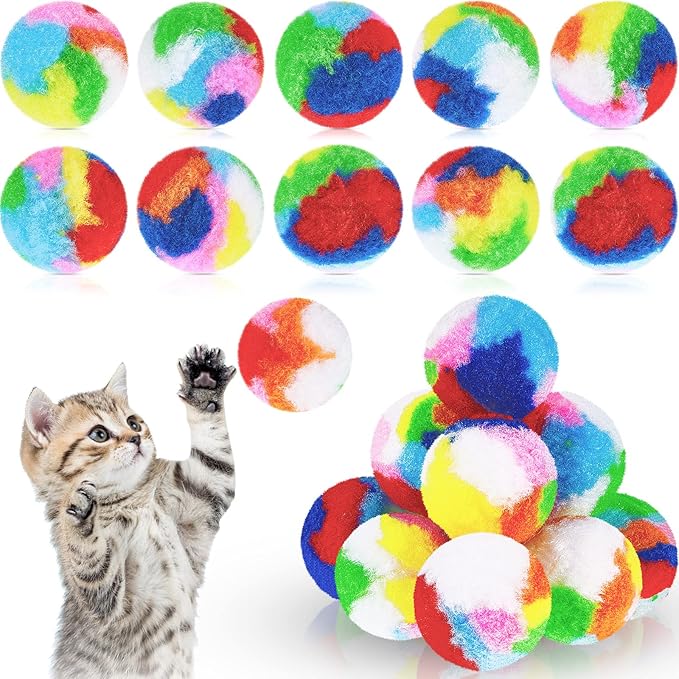 Deekin 20 Pcs Cat Pom Pom Balls Toy Kitty Yarn Puffs Assorted Color Small Plush Soft Balls Fuzzy Kitty Toy for Pet Cat 1.6 Inch in Diameter