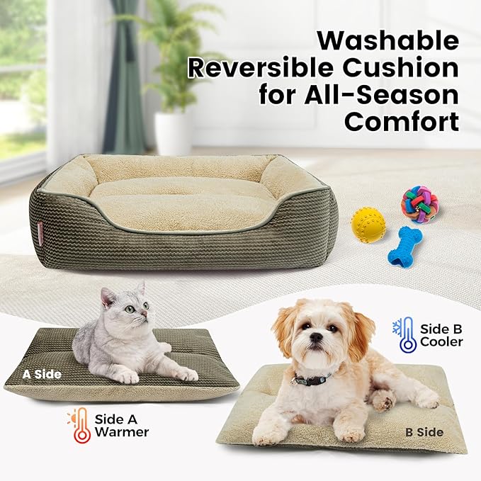 Miguel Dog Bed with Removable Cushion/Pillow for Medium Small Dogs, Washable Pet Bed with Side Easy to Wash Puppy Bed, Large Rectangle Cat Bed for Indoor Cat with Anti-Slip Bottom, Khaki 30 Inch