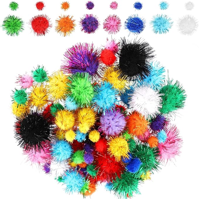 100Pcs Color Flash Cat Toy Balls, Craft Cat Toy Balls with Tinsel, Soft Fluffy Puff Ball for Crafts, Sparkle Glitter Cotton Ball for Kittens Exercise