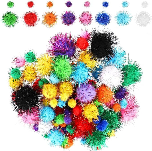 100Pcs Color Flash Cat Toy Balls, Craft Cat Toy Balls with Tinsel, Soft Fluffy Puff Ball for Crafts, Sparkle Glitter Cotton Ball for Kittens Exercise