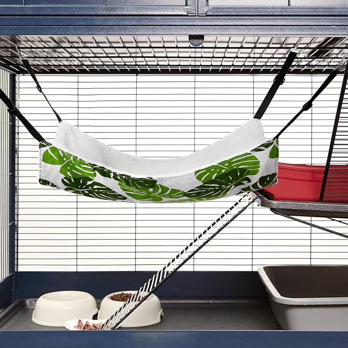 2 Pieces Reversible Cat Hanging Hammock Soft Breathable Pet Cage Hammock with Adjustable Straps and Metal Hooks Double Sided Hanging Bed for Small Dogs Rabbits(Monstera Leaf,M)