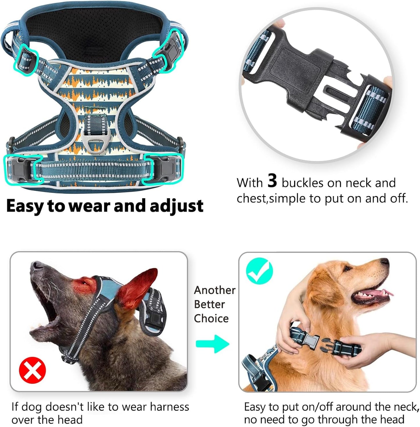 Timos Dog Harness, No-Pull Pet Harness with 2 Leash Clips, 3 Snap Buckles Adjustable Soft Padded Dog Vest, Reflective No-Choke Pet Oxford Vest with Easy Control Handle for Small Medium Large Dogs