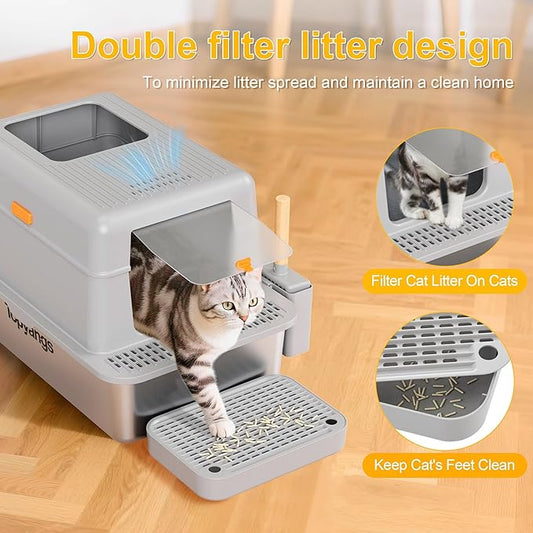 Stainless Steel Litter Box with Lid, 20L Metal Enclosed Litter Box for Big Cat, Flip-Top Design with Anti-Leakage High Sides, Large Cat Lovers Gifts (#1 Gray)