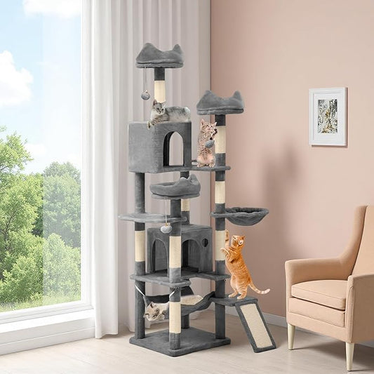 YITAHOME 75-Inch Tall Cat Tree Indoor: Multi-Level Kitten Tower with Kitty Condos, Top Perches, Sisal Ramp, Scratching Posts & Cozy Basket Hammocks Pet Play House Light Gray