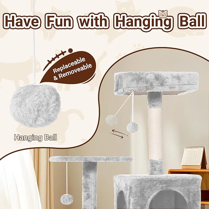 Cat Tree, 54-Inch Cat Tower for Indoor Cats,Plush Multi-Level Cat Condo with Scratching Posts, Basket, Perches,2 Caves,2 Pompoms(Light Gray)