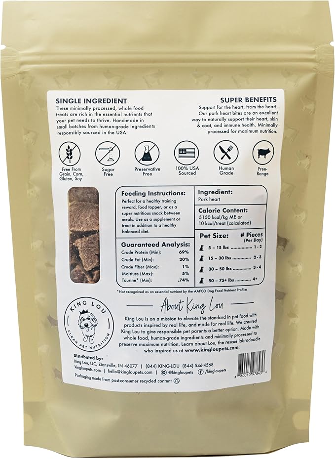 King Lou Pets - Pork Heart Bites for Dogs and Cats - USA-Made Freeze Dried Treats - Taurine, Zinc, and Iron - 1 lb Prior to Freeze-Drying
