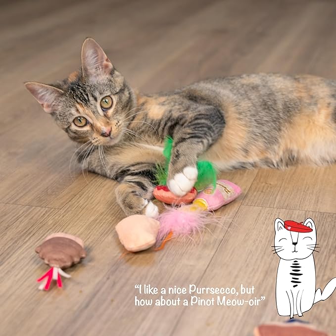 Catstages Purrsecco & Cupcakes Cat Toys, 6-Pack Catnip Toys with Feathers, Crinkle & Mesh, Multicolored