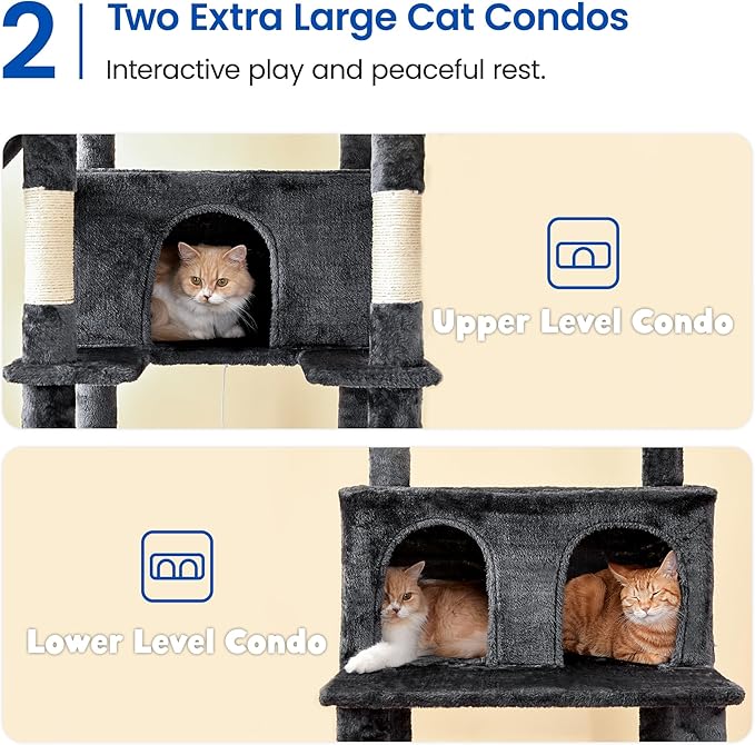 MWPO Extra Large Cat Tree, 77.6-Inch Tall Cat Tower for Indoor Cats with 2 Condos, Multi-Level Cat Stand for Large Cats, 3 Hammocks, Wide Perch, Scratching Posts, Dangling Toys, Smoky Grey