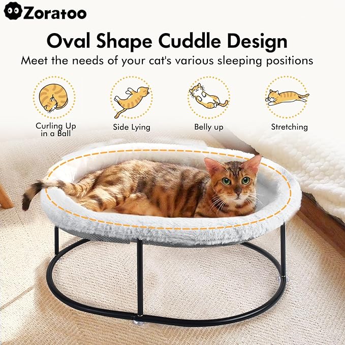 Elevated Cat Hammock Bed, Fluffy Warm Cuddle Bed with Detachable Pad, Raised Cuddler for Kittens, Small Dogs, Oval Grey
