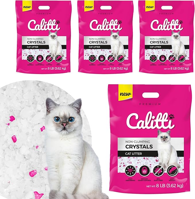 Crystals Premium Cat Litter Non-Clumping - Maximum Odor Control, 99.9% Dust Free, Soft on Paws, Unscented 32 lb (4 x 8 lb Packs)