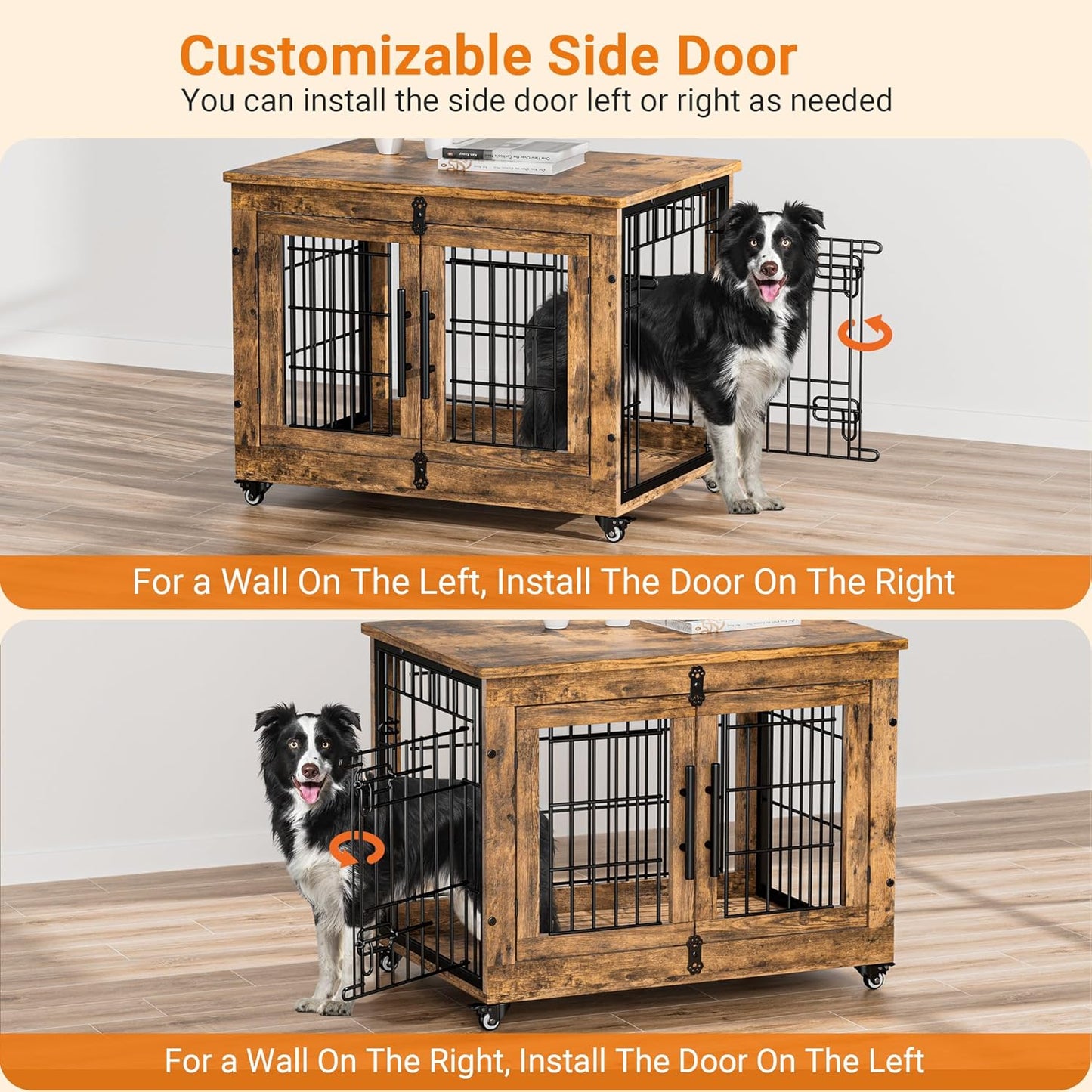 Lulive Dog Crate Furniture Set of 2, Dog Kennel Indoor Double Doors Wooden Dog Cage, 32'' Heavy Duty Dog Crate with Cushion & Wheels, End Table Pet House Chew-Resistant Up to 45 lb, Rustic Brown