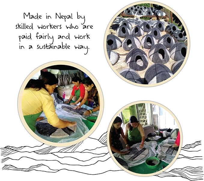 Large Wool Cat Cave Premium Felt Bed for Cats & Kittens Pet House Natural 100% Merino Wool Handmade Indoor Hideaway Eco-Friendly Cove 19 Inch Diameter Round Handcrafted Dome (Large Gray White)