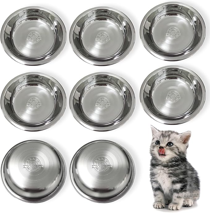 Stainless Steel Cat Bowls, 8 Pcs, 5.5 Inches, Shallow Design, Multifunctional Feeder for Cats & Kittens