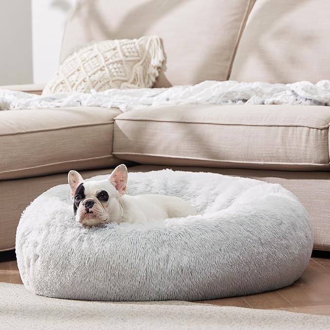 Bedsure Calming Dog Bed for Medium Dogs - Donut Washable Medium Pet Bed, 30 inches Anti-Slip Round Fluffy Plush Faux Fur Cat Bed, Fits up to 45 lbs Pets, Frost Grey