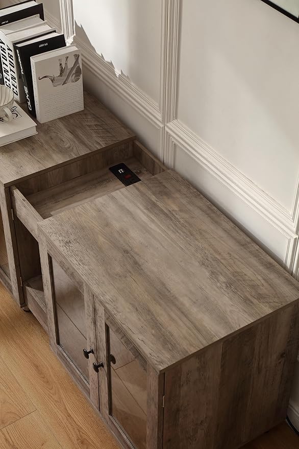 Double Cat Litter Box Enclosure for 2 Cats,Modern Double Litter Box Furniture with 7 Colors LED and Built-in Power Outlet,Large Cozy Cat Home,4 Glass Doors for Better Viewing,Grey