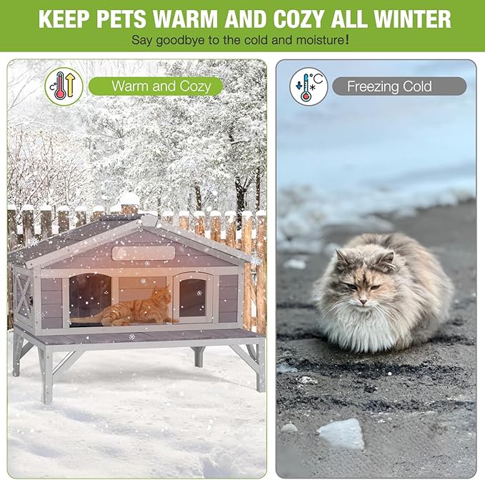GUTINNEEN Large Outdoor Cat House Insulated Weatherproof Feral Cat Shelter with 100% Insulated Liner, Elevated Base, and Escape Doors for Cats in Winter