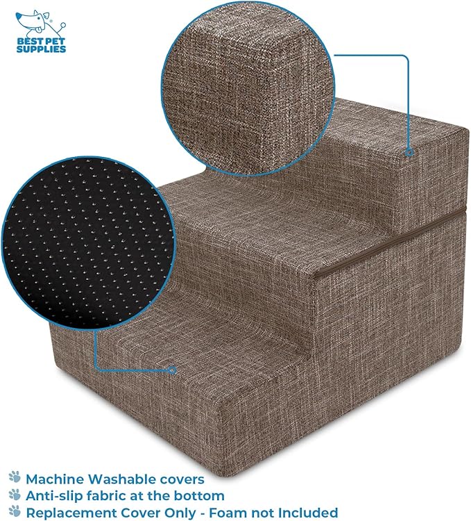 Best Pet Supplies Dog Stairs & Steps - Foam Steps for Small Dogs & Cats, Non-Slip Indoor Balanced Pet Step Support, Dog Ramp, No Assembly, Brown Linen, Foldable 3-Step (16.5-inch Height)