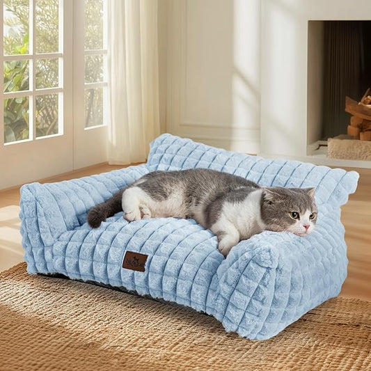 Cute Cat Couch Bed – Supportive & Fluffy Pet Sofa with Faux Rabbit Fur Washable Cover in 3D Diamond Pattern, 24" Light Blue