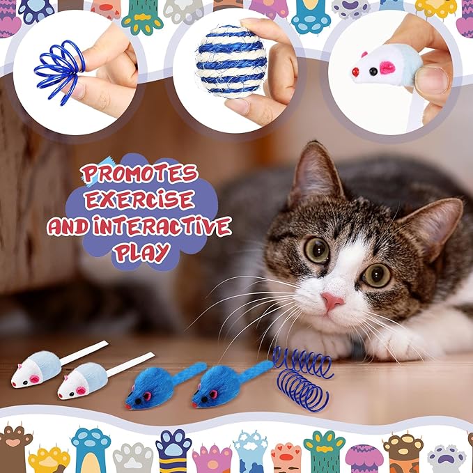 46 Pcs Cat Toys Set Interactive Cute Cat Toys Include Fur Mice Rattle Springs Crinkle Balls Pompom Bell Sisal Ball Puzzle Chase Toys for Kitten Indoor Stuff Gift(Blue)