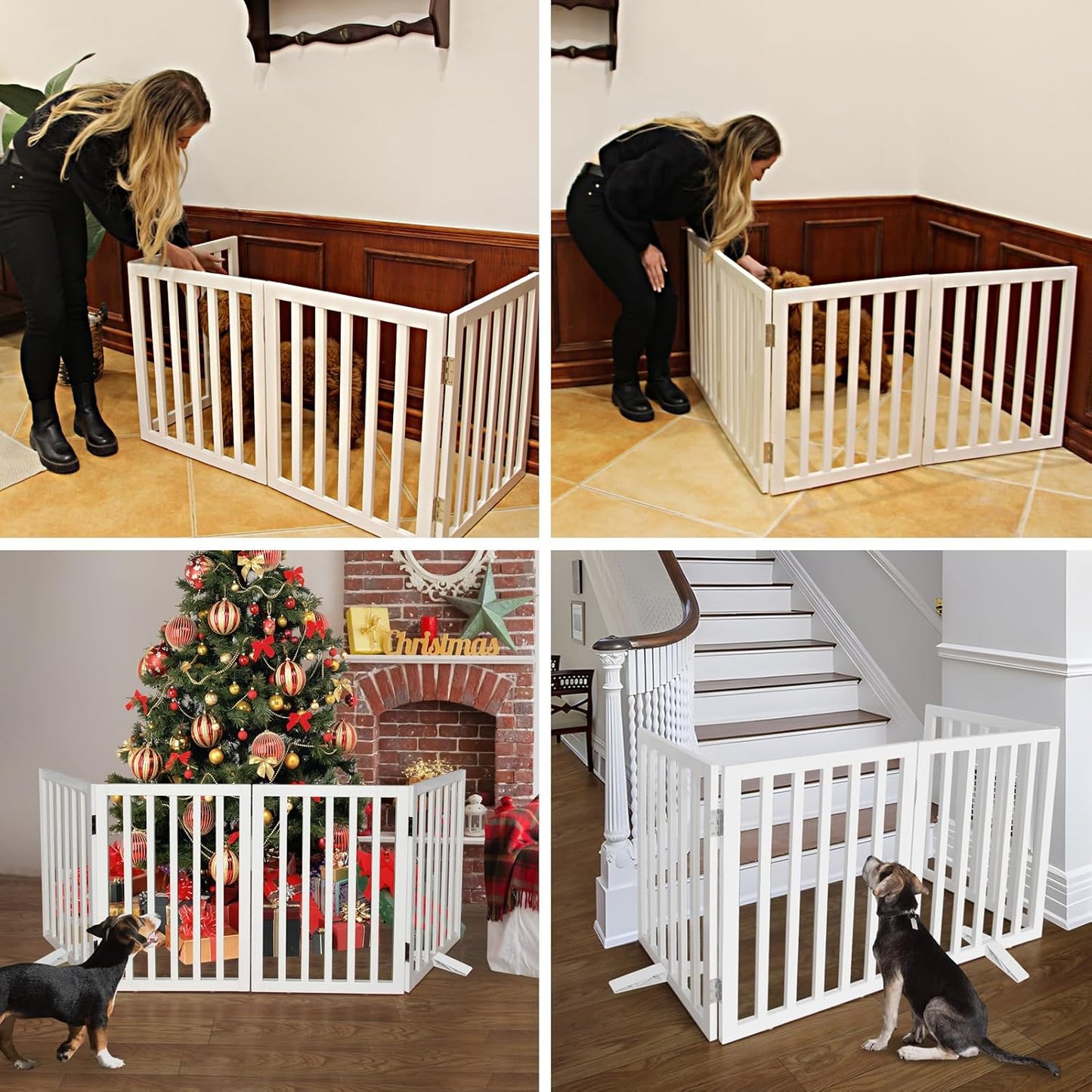 ZJSF Freestanding Indoor Dog Gate for House Foldable Wood White Puppy Gate for Doorways Pet Gate for Stairs Extra Wide Pet Fence 32" Height 3 Panels
