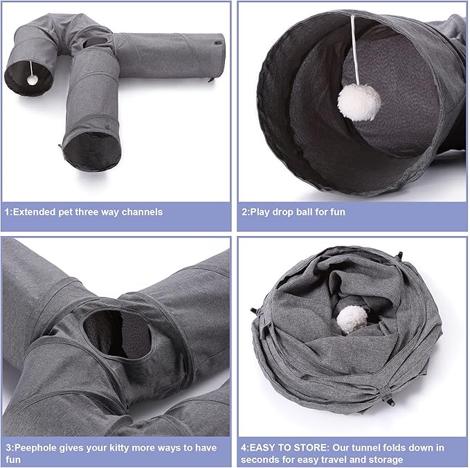 Ownpets Cat Tunnel Large 3 Way Collapsible Cloth Pet Tunnel Tube with Plush Ball & Feather Toy, U-Shaped Cat Play Tunnel for Indoor Cat, Puppy, Kitty, Kitten, Rabbit(Gray)