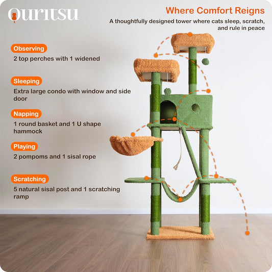 Ouritsu Cat Tree, 61 inch Tall Cat Tower for Large Cat Indoor, Enlarged Condo, 2 Padded Perches with 1 Widened, Large Hammock, Scratching Post and ramp, Fluffy Basket, Green, LF002GB