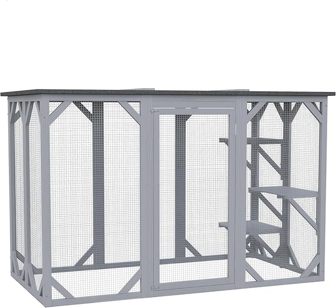 PawHut Outdoor Cat House - Wooden Feral Cat Shelter with Platforms, Large Entrance, Weather Protection Asphalt Roof, 71" L, Gray