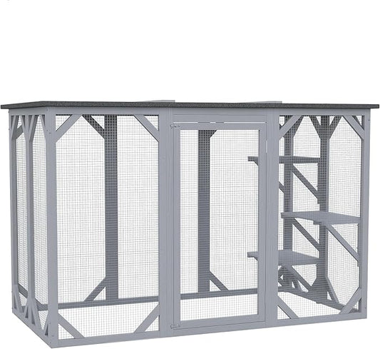 PawHut Outdoor Cat House - Wooden Feral Cat Shelter with Platforms, Large Entrance, Weather Protection Asphalt Roof, 71" L, Gray