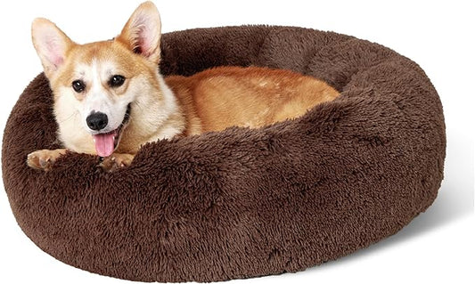 Bedsure Calming Dog Bed for Medium Large Dogs - Donut Washable Large Pet Bed, 33 inches Anti-Slip Round Fluffy Plush Faux Fur Dog Bed, Coffee