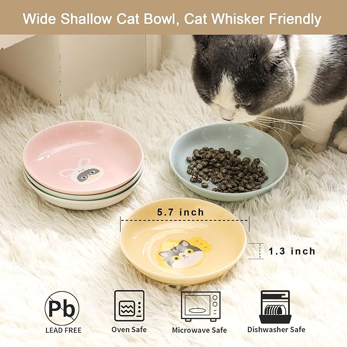 Ceramic Cat Bowls Set - 5.5 inch Cat Food Bowls Whisker Fatigue Friendly, 5 Wide Cats Plates for Wet Food Dry Food Water
